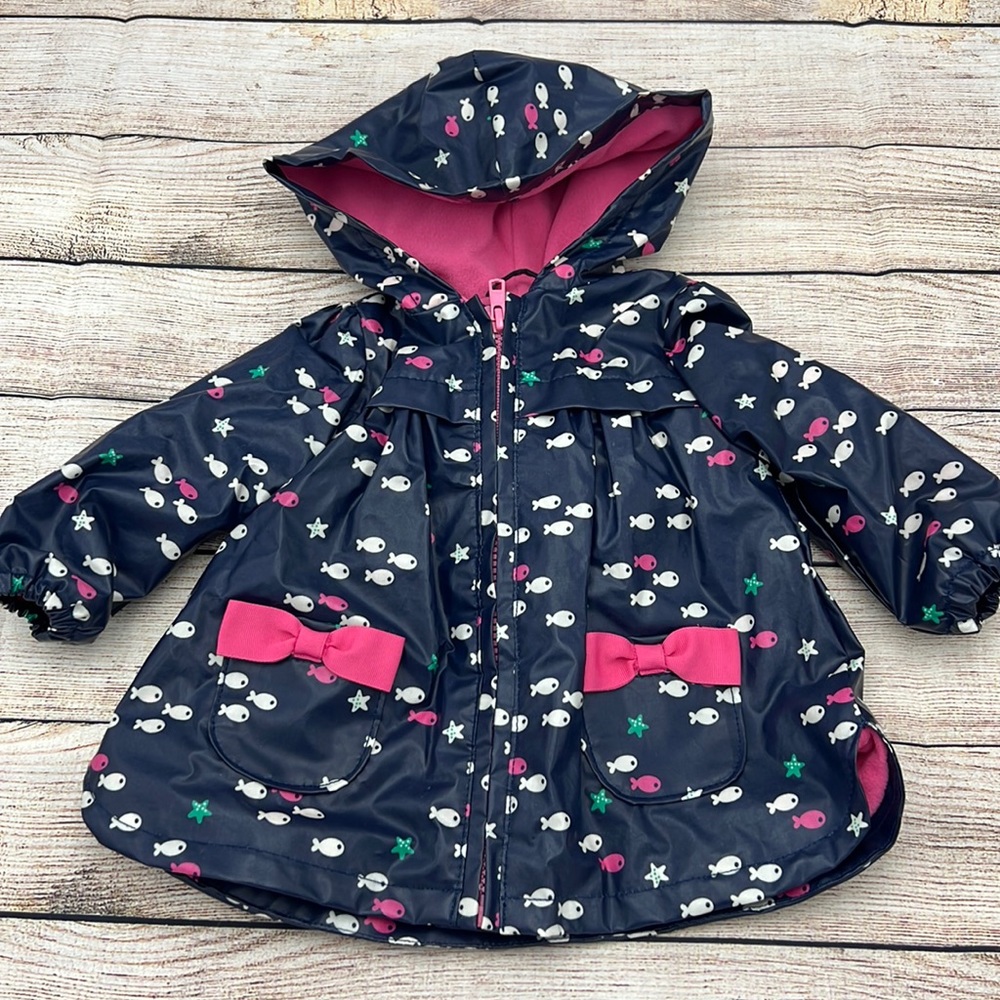 Gymboree Fish Pattern Navy Pink Fleece Lined Raincoat Size 6 to 12 Months